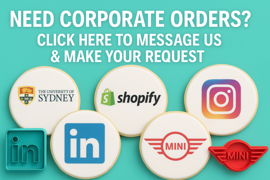Custom corporate edible toppers and cookie cutters with company logos including University of Sydney, Shopify, LinkedIn, Instagram and MINI – bulk order designs by Sweet Prints Australia