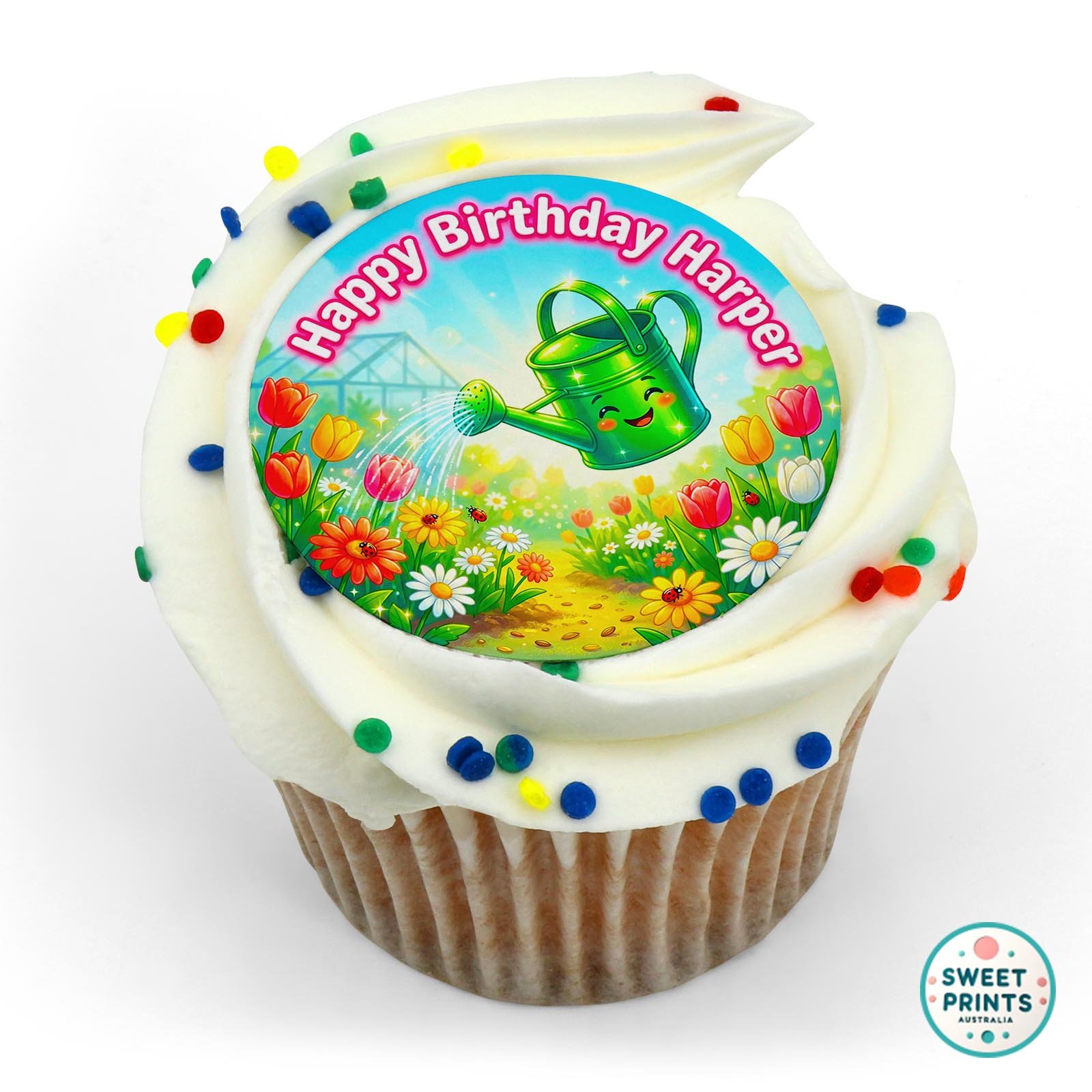 Gardening Wateringcan Flowers Ladybugs 1 O Custom 18 edible cake topper