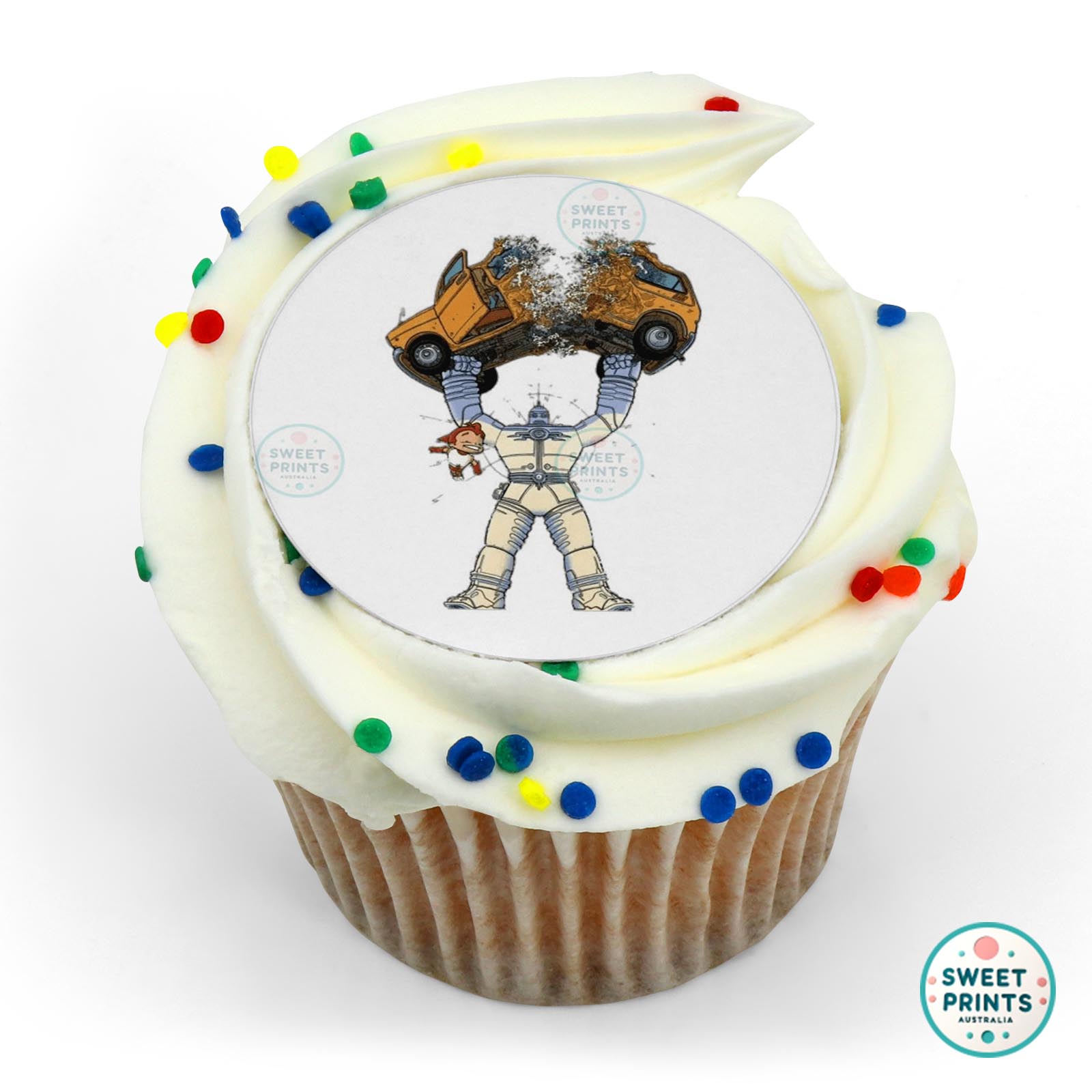 Big Guy And Rusty The Boy Robot Breaking Car In Half edible cake topper