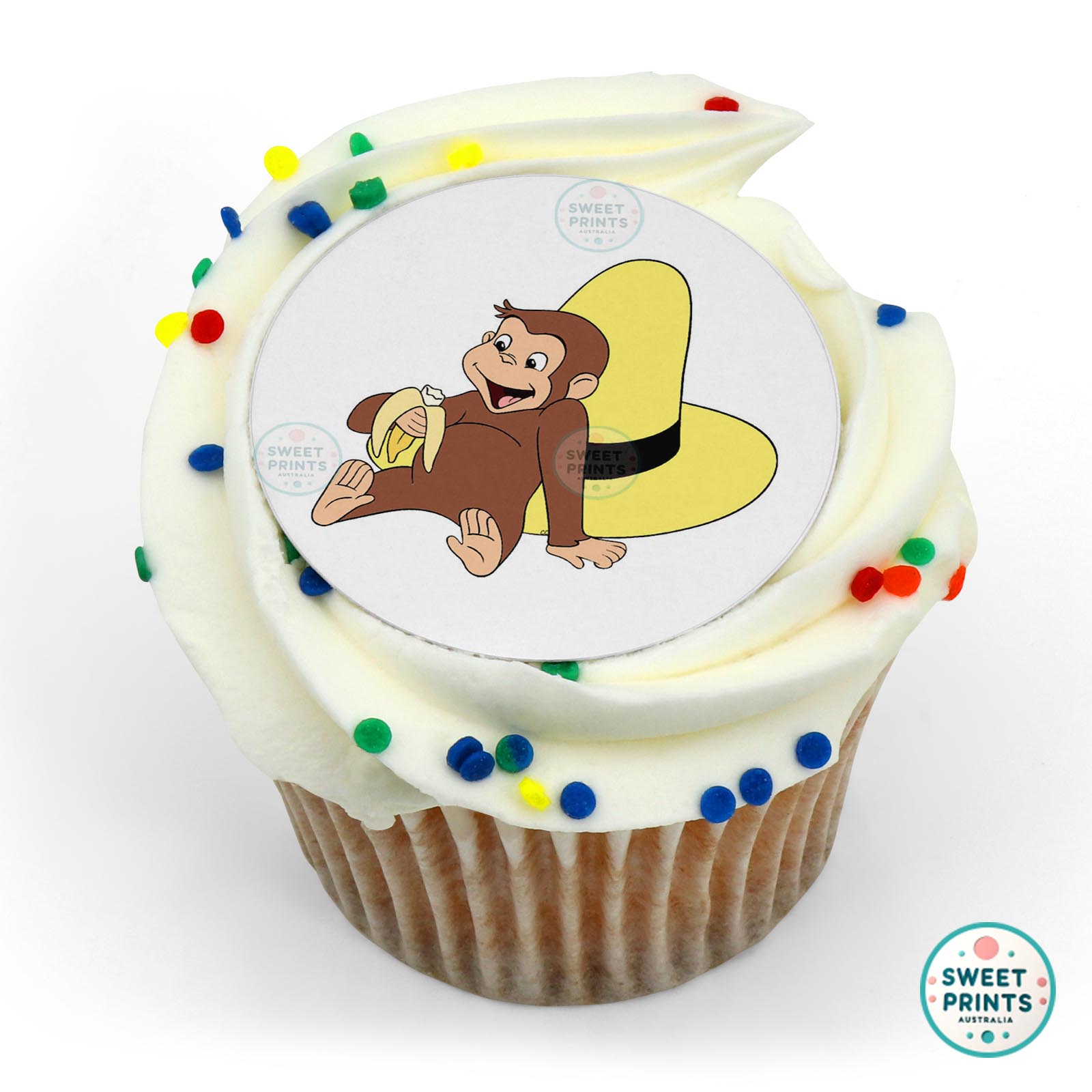 Curious George Resting Against The Yellow Hat edible cake topper