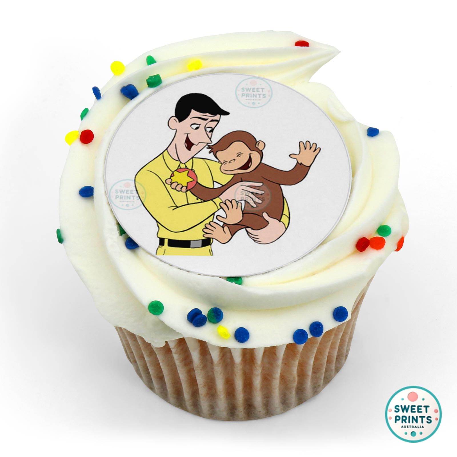Curious George The Man In The Yellow Hat Holding George edible cake topper