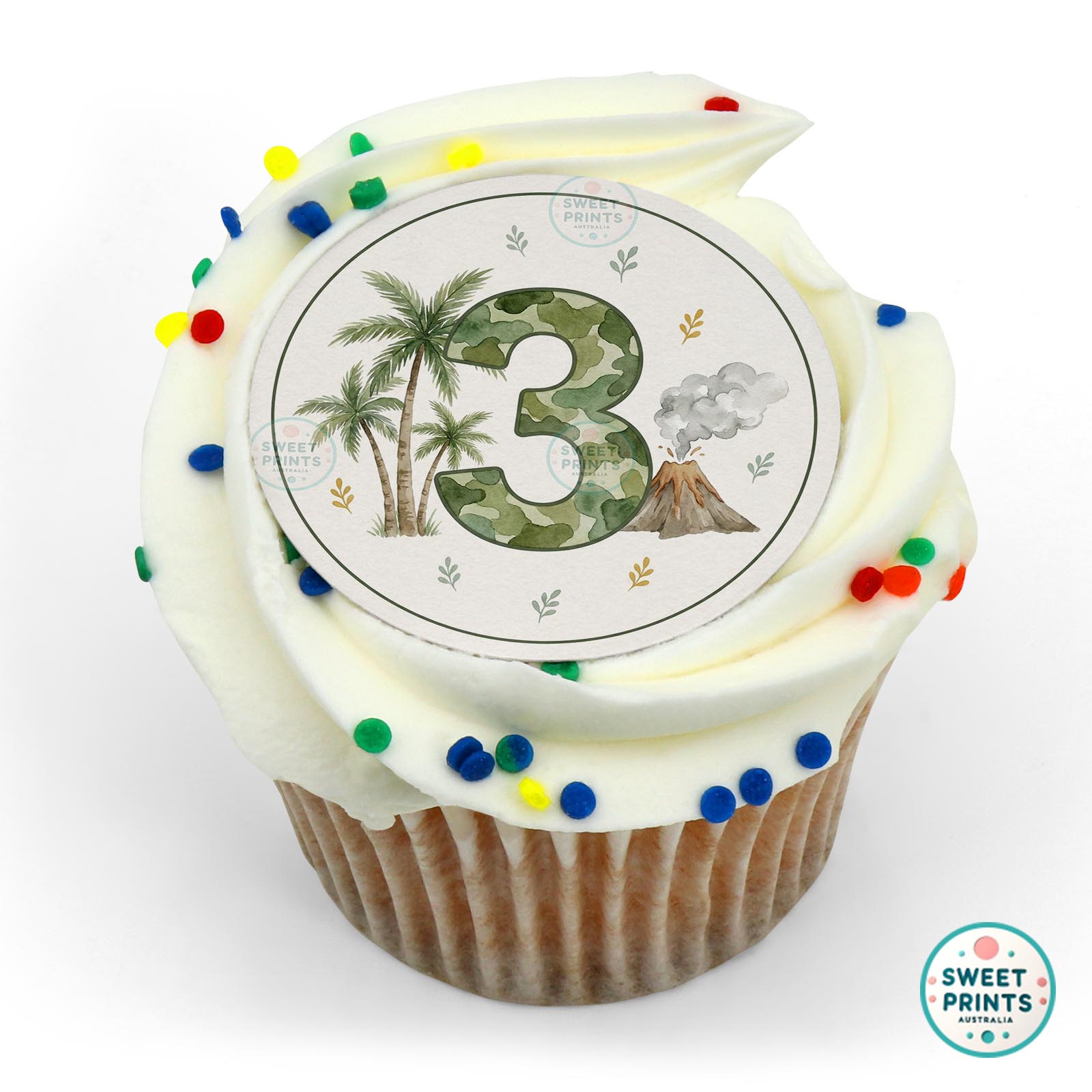 Dinosaur Number 3 Camo edible cake topper