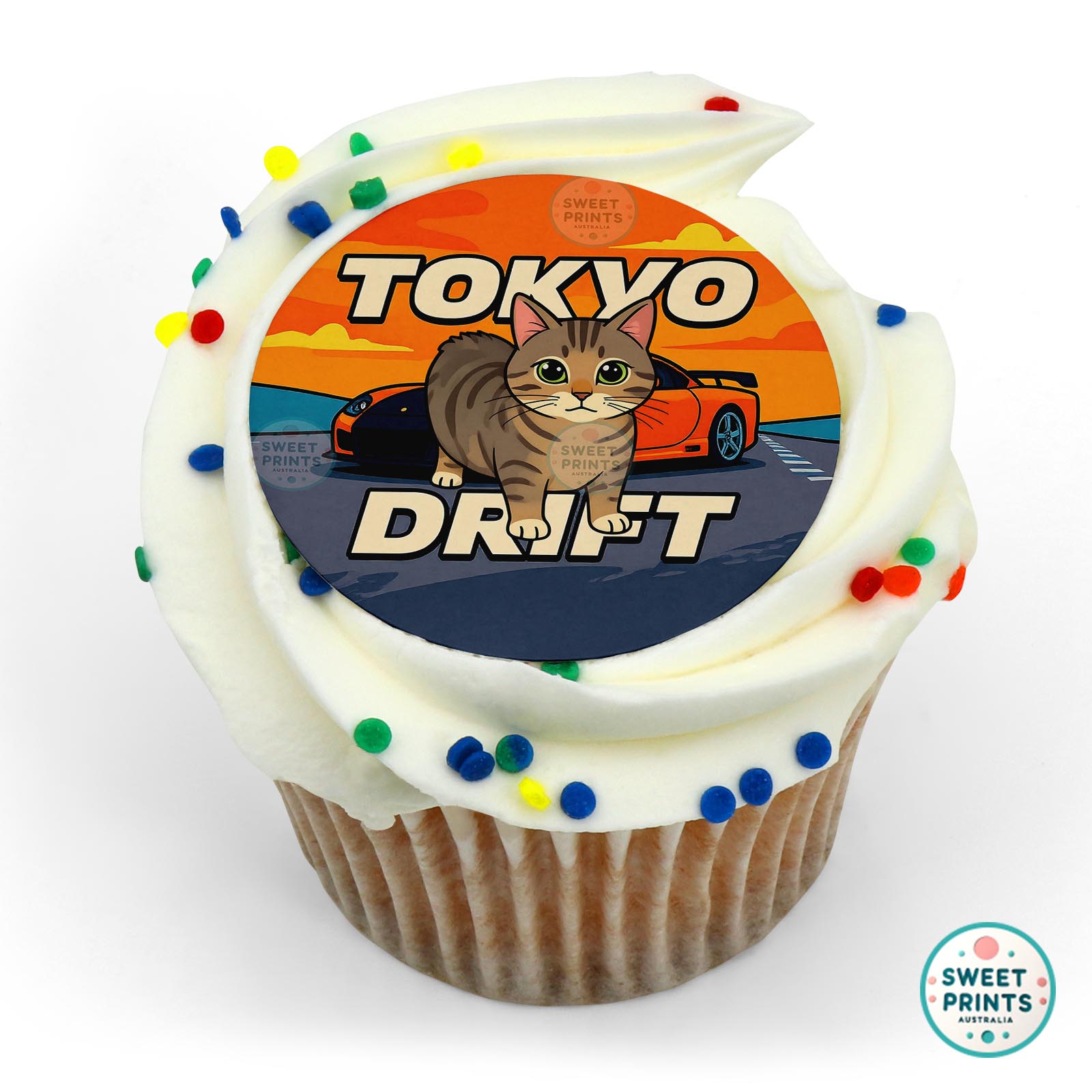 Fast And Furious Tokyo Drift Cat With Orange Car edible cake topper