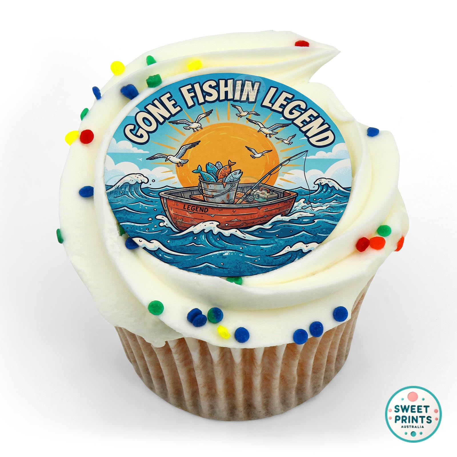 Fathers Day Boat Sun Seagulls edible cake topper