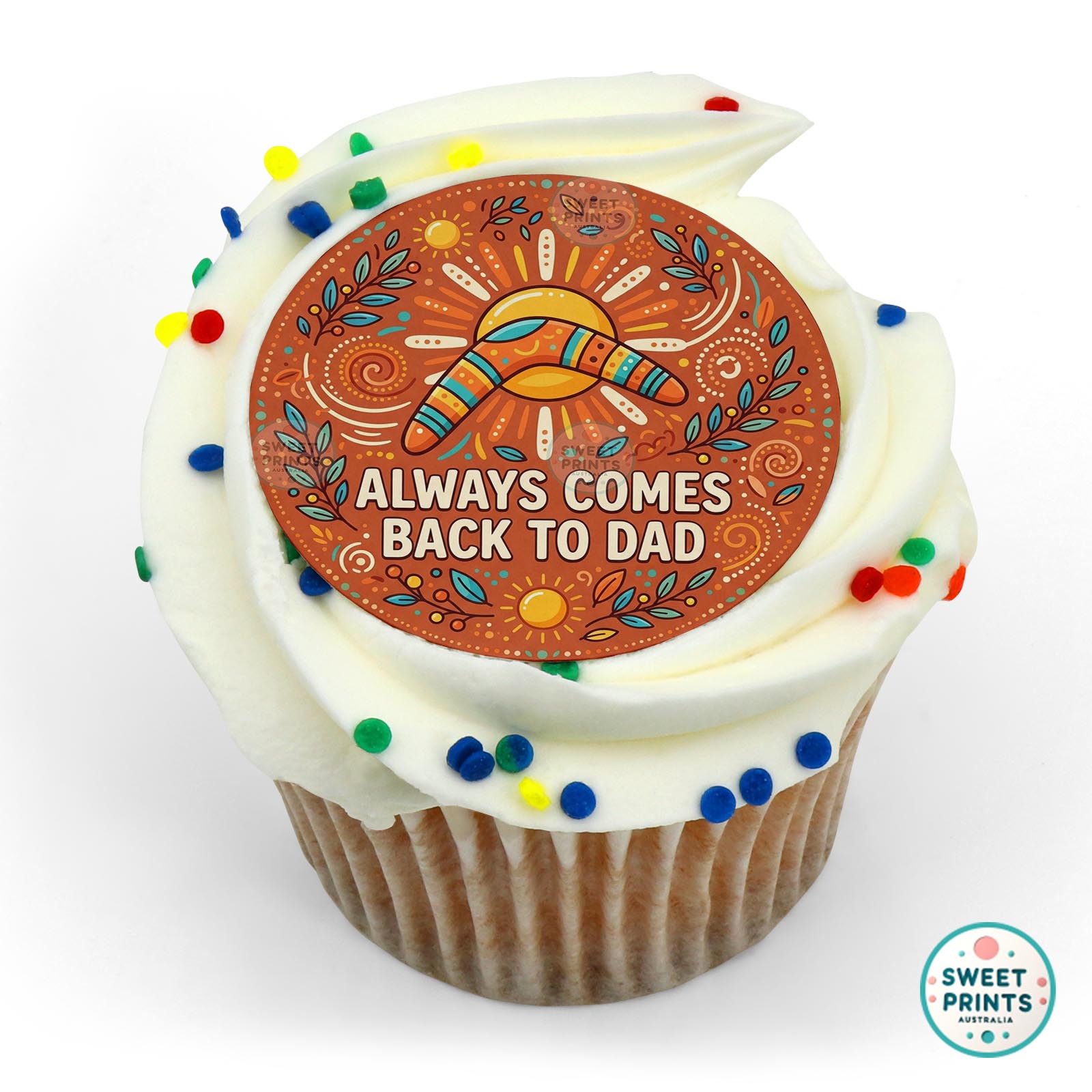 Fathers Day Boomerang Sun Text edible cake topper