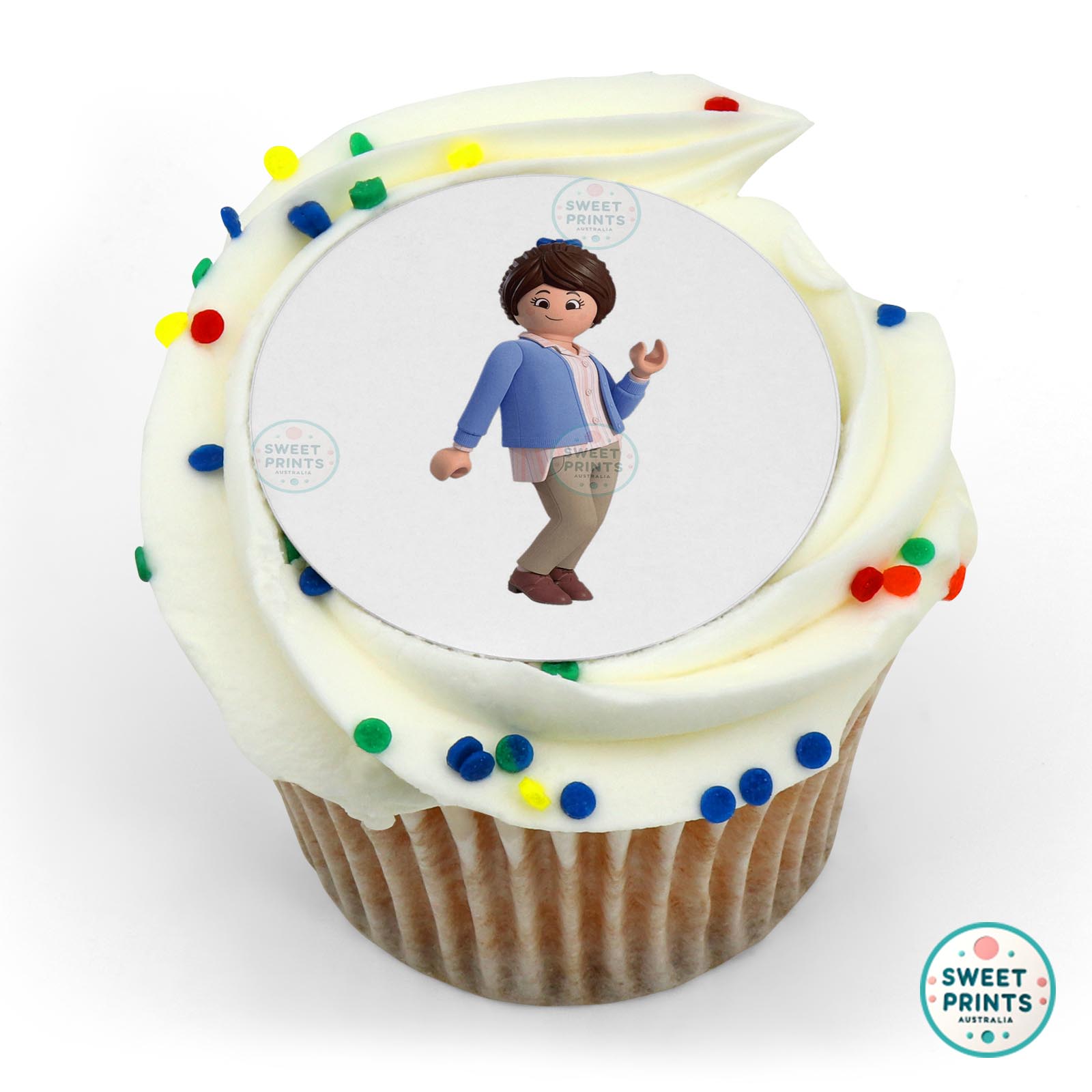 Playmobil The Movie Character Marla Brenner edible cake topper