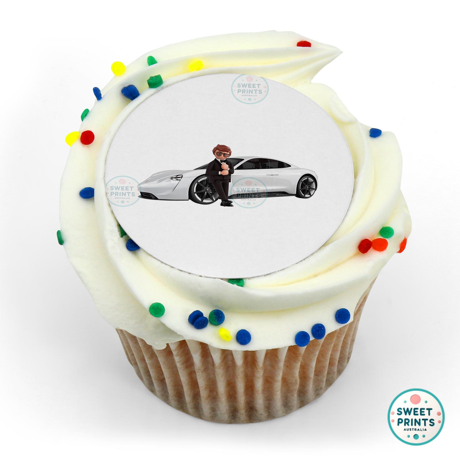 Playmobil The Movie Rex Dasher In Front Of His Porsche Mission edible cake topper