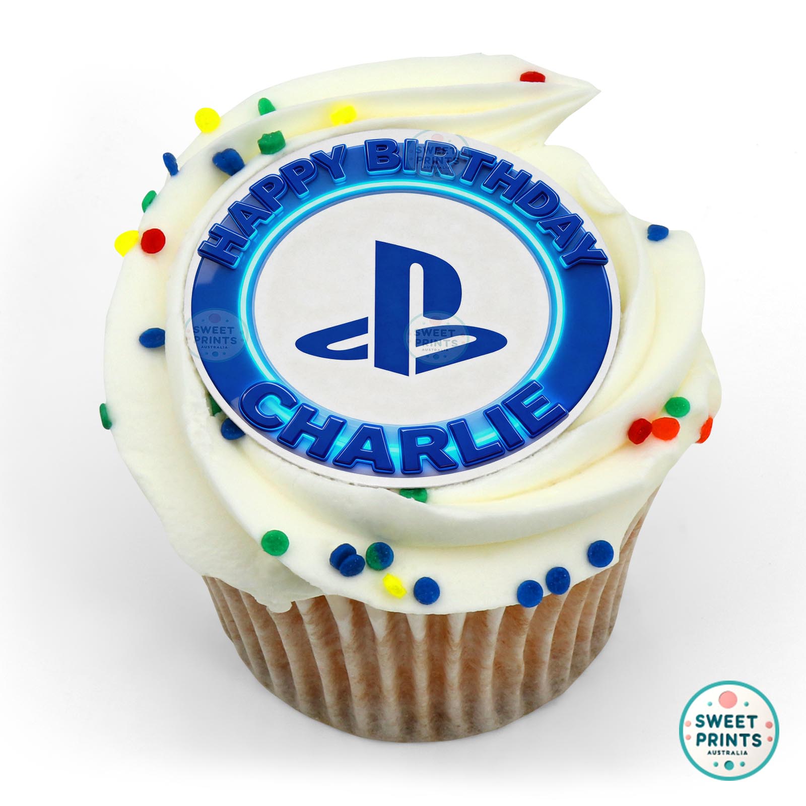 Playstation Logo Blue Custom Name edible cake topper