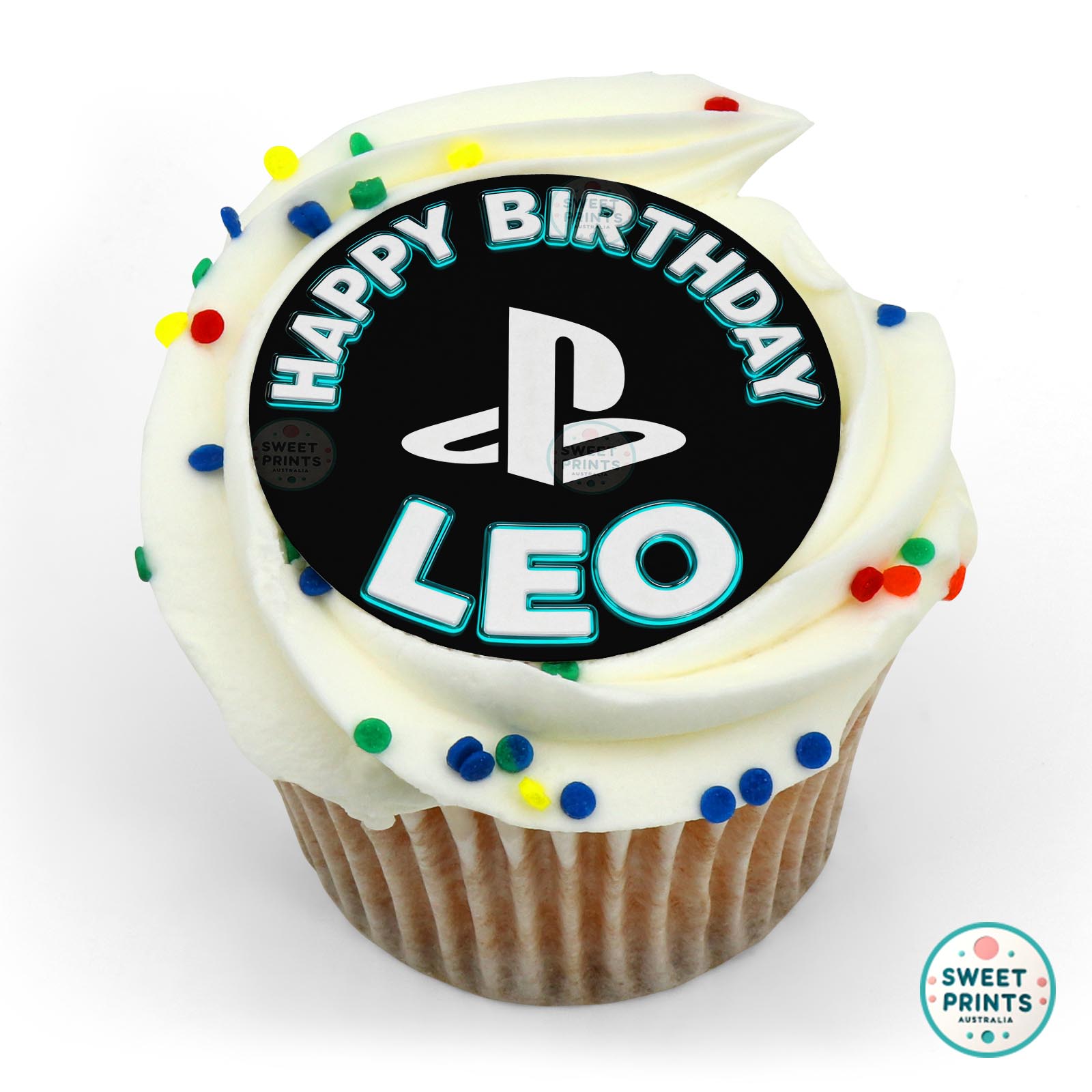 Playstation Logo White On Black Custom Name edible cake topper