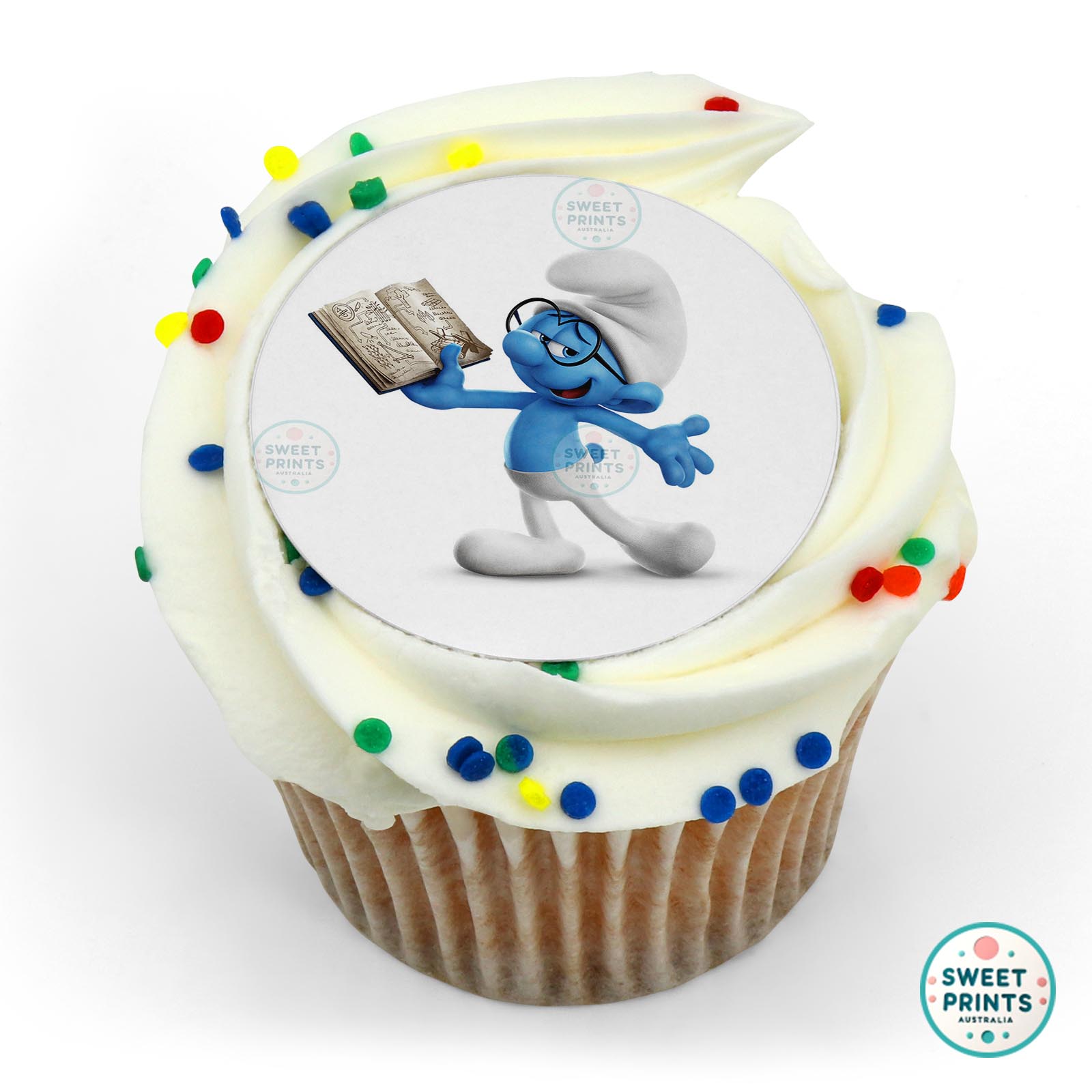 Smurfs Brainy Smurf Showing Off His Work edible cake topper
