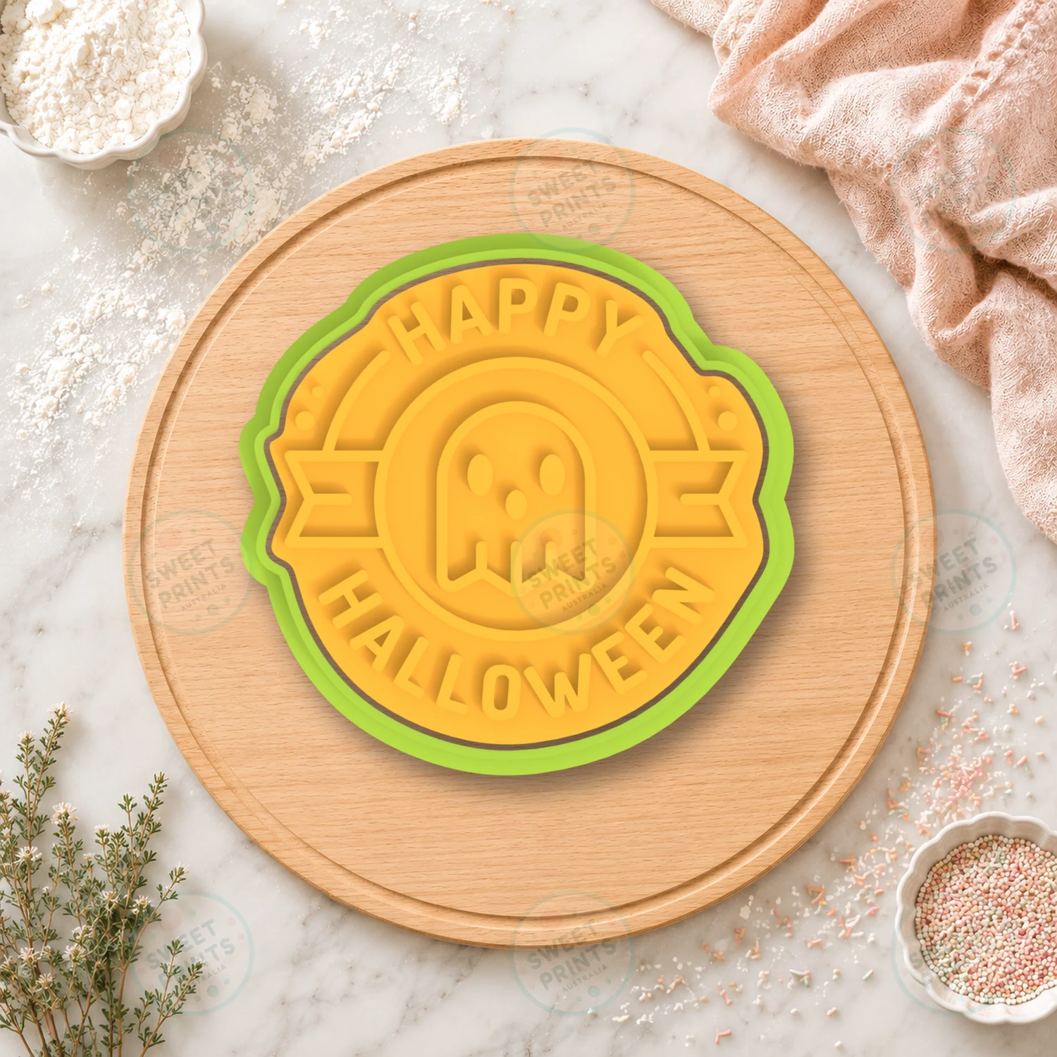 Happy Halloween Ghost Badge Cookie Cutter & Stamp cookie cutter